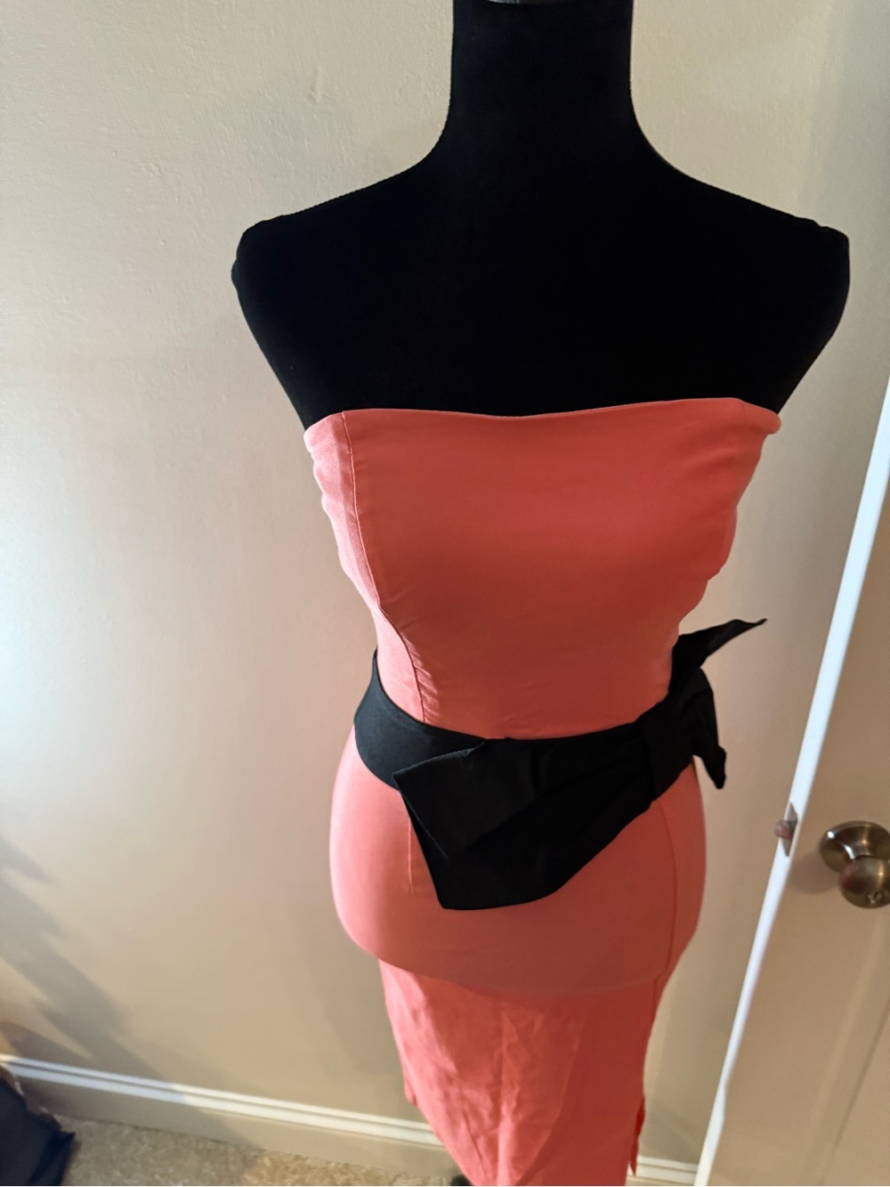 Strapless Coral Sheath Dress with Black Bow Accent